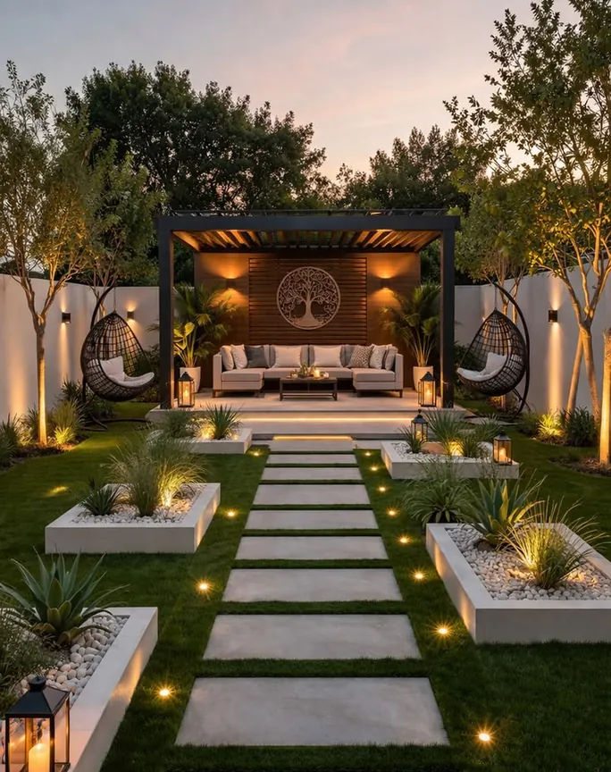 Landscaped garden walkway with pergola