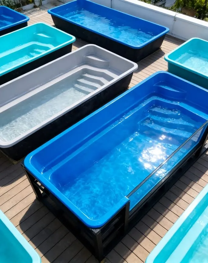 Fiberglass pool shells ready for installation